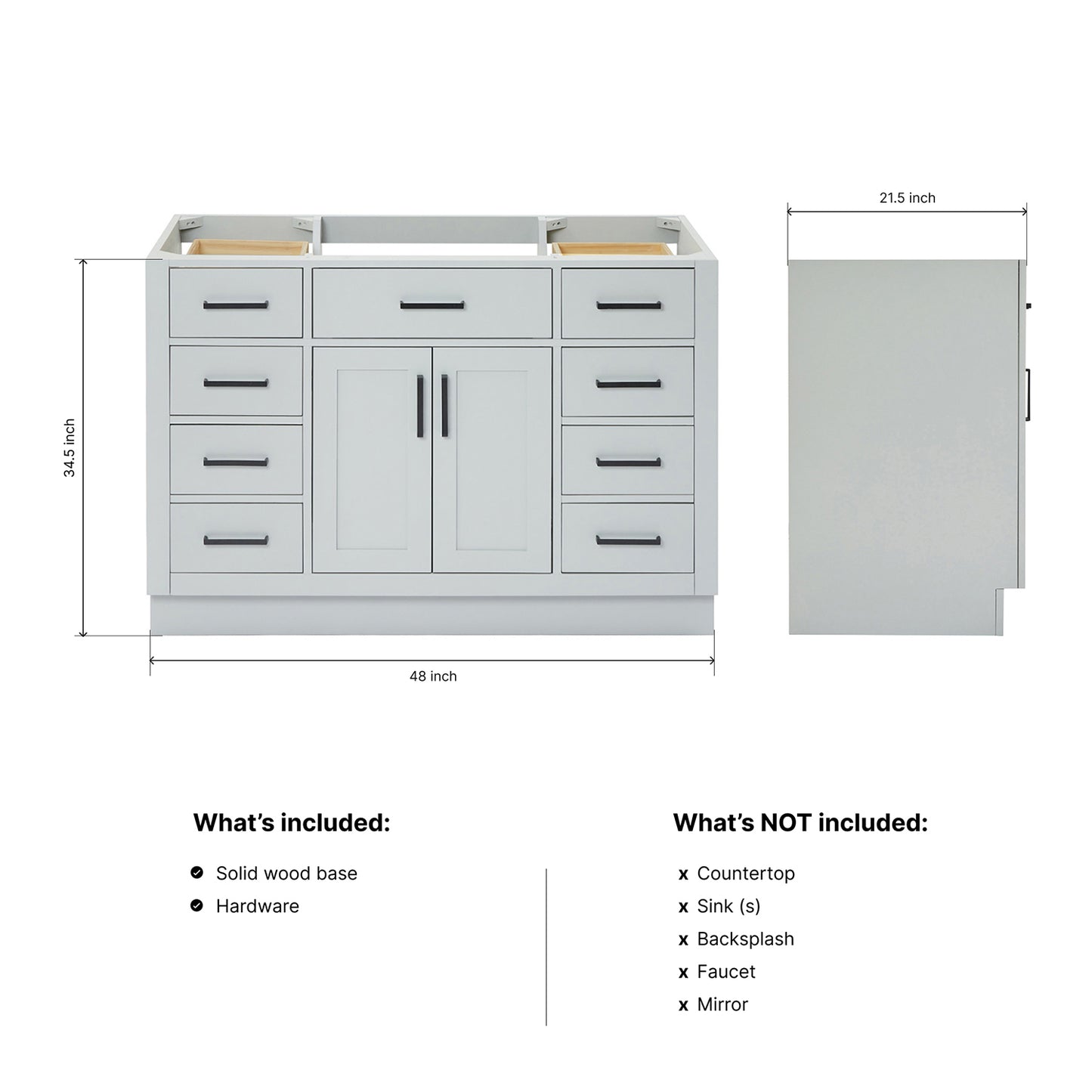 Isabella 48-inch Grey base cabinet on dimensions