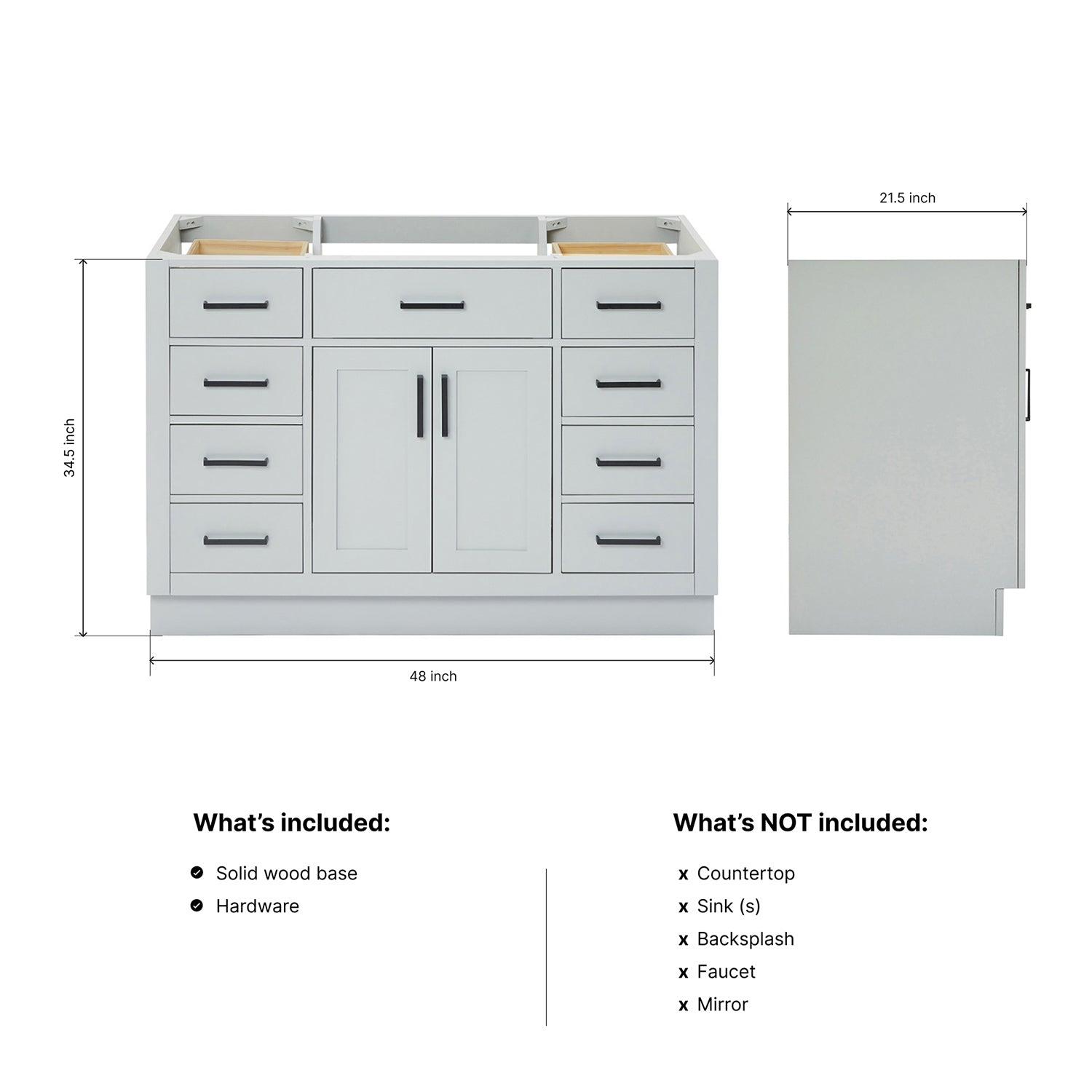 Isabella 48-inch Grey base cabinet on dimensions