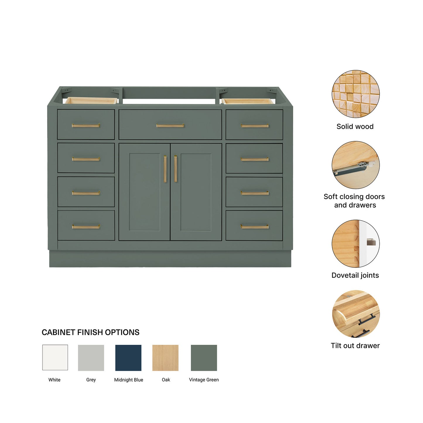 Isabella 48-inch Vintage Green base cabinet on feature highlights: solid wood frame, soft-close doors and drawers, Sherwin-Williams paint finish