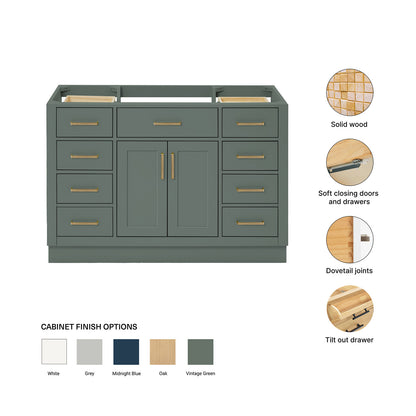 Isabella 48-inch Vintage Green base cabinet on feature highlights: solid wood frame, soft-close doors and drawers, Sherwin-Williams paint finish
