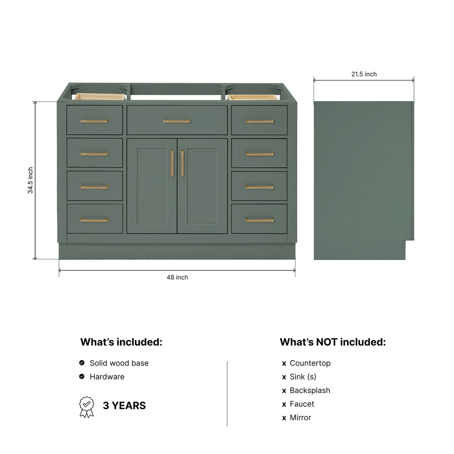 Isabella 48-inch Vintage Green base cabinet on dimensions