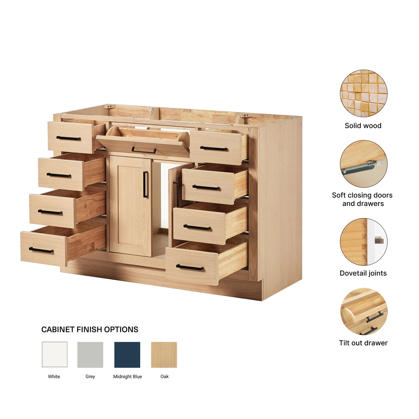 Isabella 48-inch Natural Oak base cabinet on feature highlights: solid wood frame, soft-close doors and drawers, Sherwin-Williams paint finish
