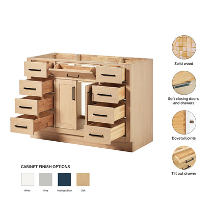 Isabella 48-inch Natural Oak base cabinet on feature highlights: solid wood frame, soft-close doors and drawers, Sherwin-Williams paint finish