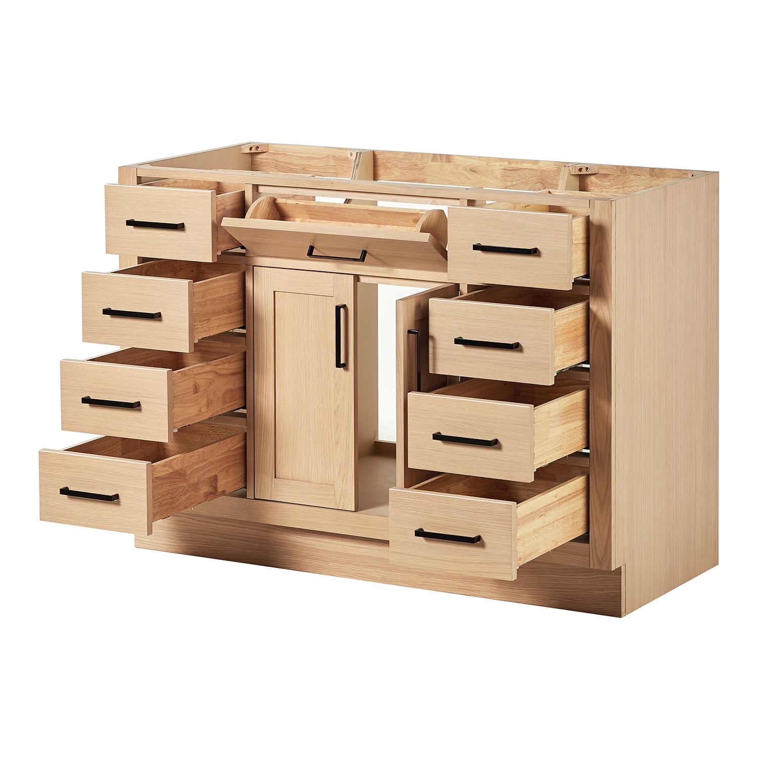 Isabella 48-inch Natural Oak base cabinet on white back ground side view open door