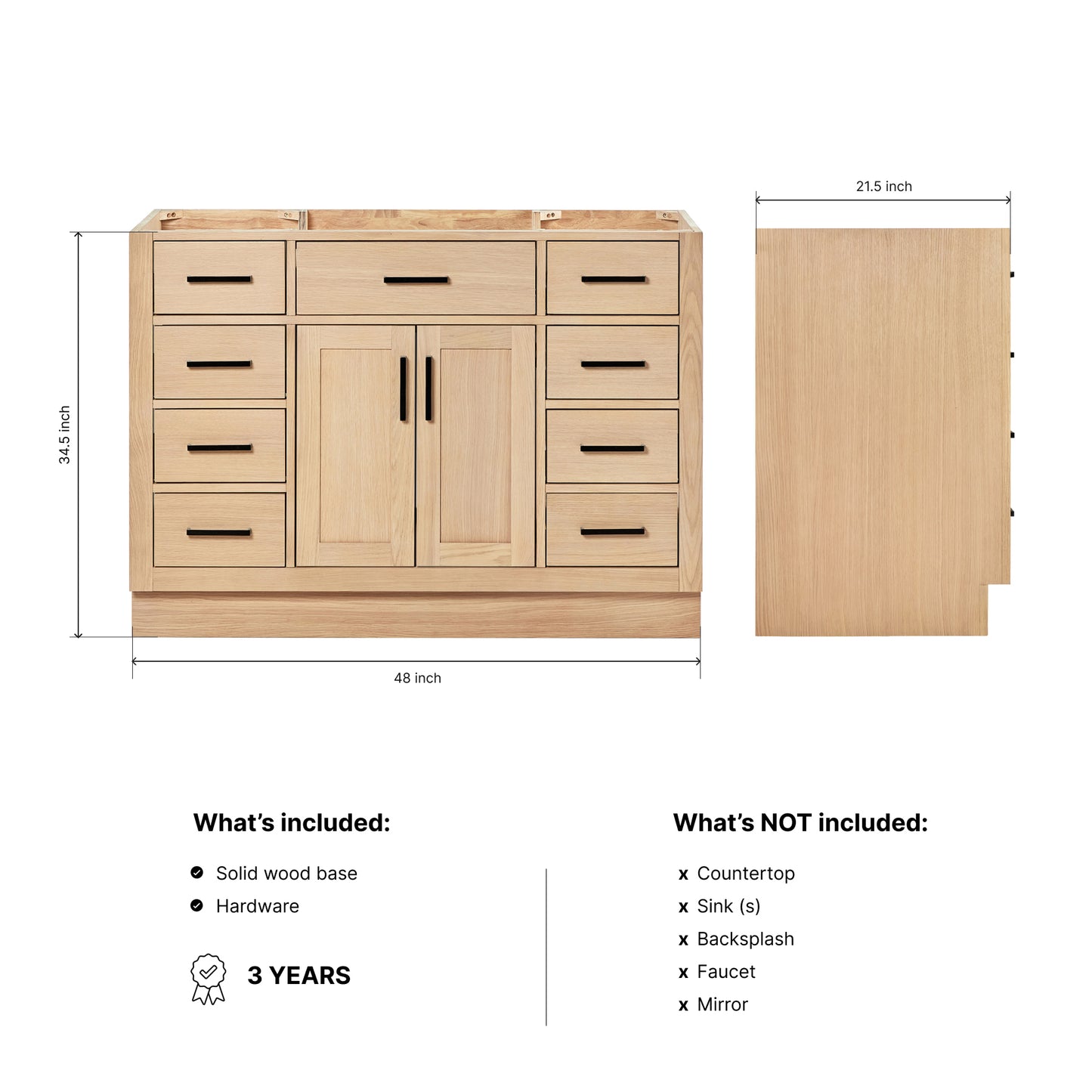 Isabella 48-inch Natural Oak base cabinet on dimensions