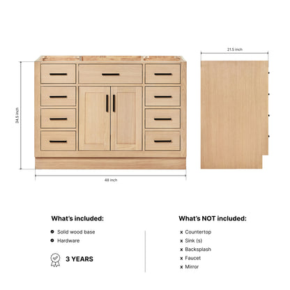 Isabella 48-inch Natural Oak base cabinet on dimensions