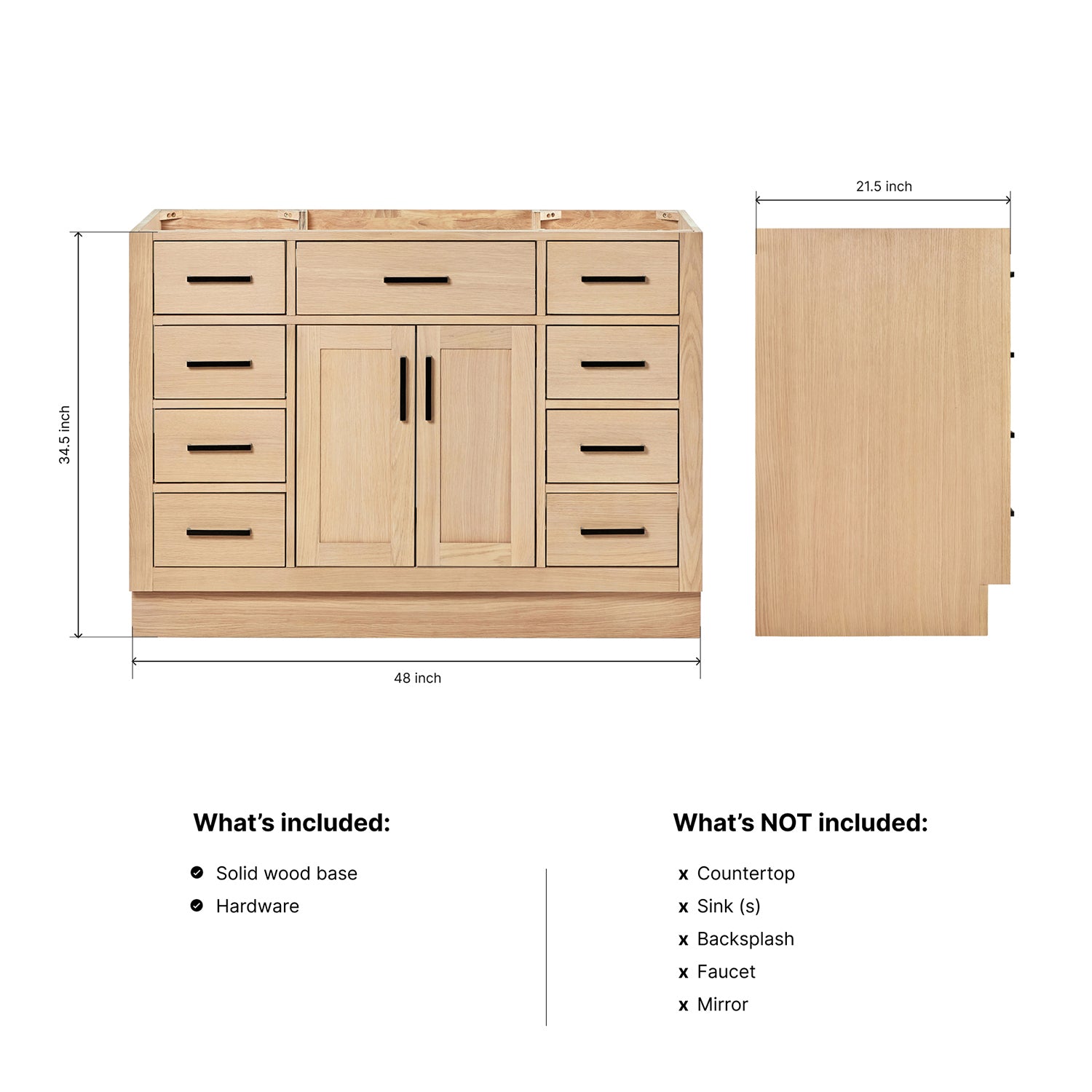 Isabella 48-inch Natural Oak base cabinet on dimensions
