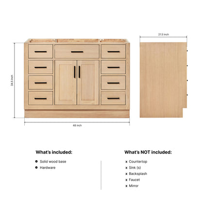 Isabella 48-inch Natural Oak base cabinet on dimensions