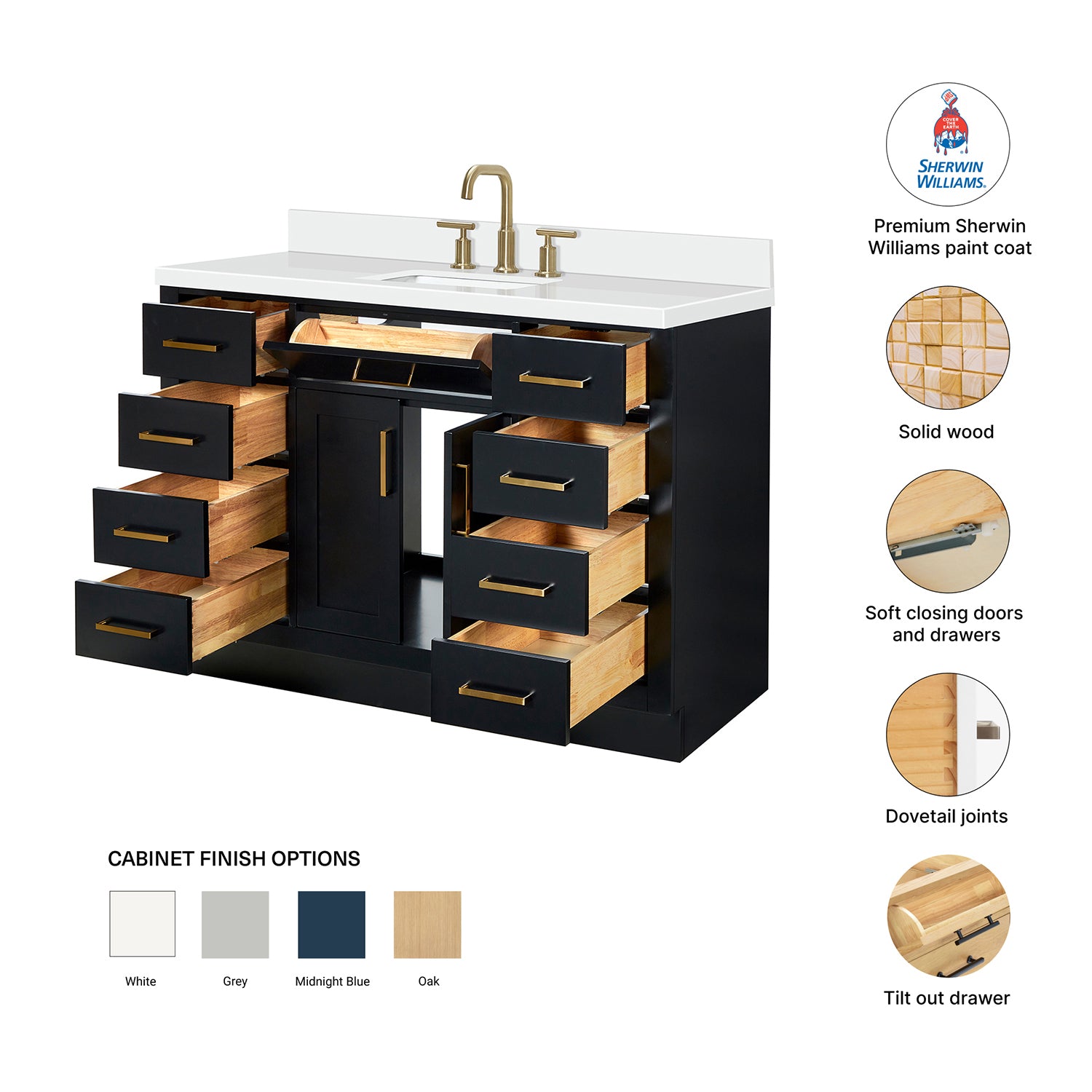 Isabella 48-Inch Black bathroom vanity – feature highlights: solid wood frame, soft-close doors and drawers, Sherwin-Williams paint finish