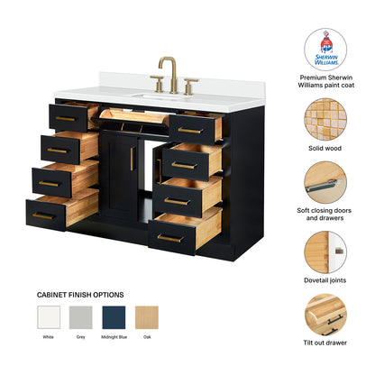 Isabella 48-Inch Black bathroom vanity – feature highlights: solid wood frame, soft-close doors and drawers, Sherwin-Williams paint finish