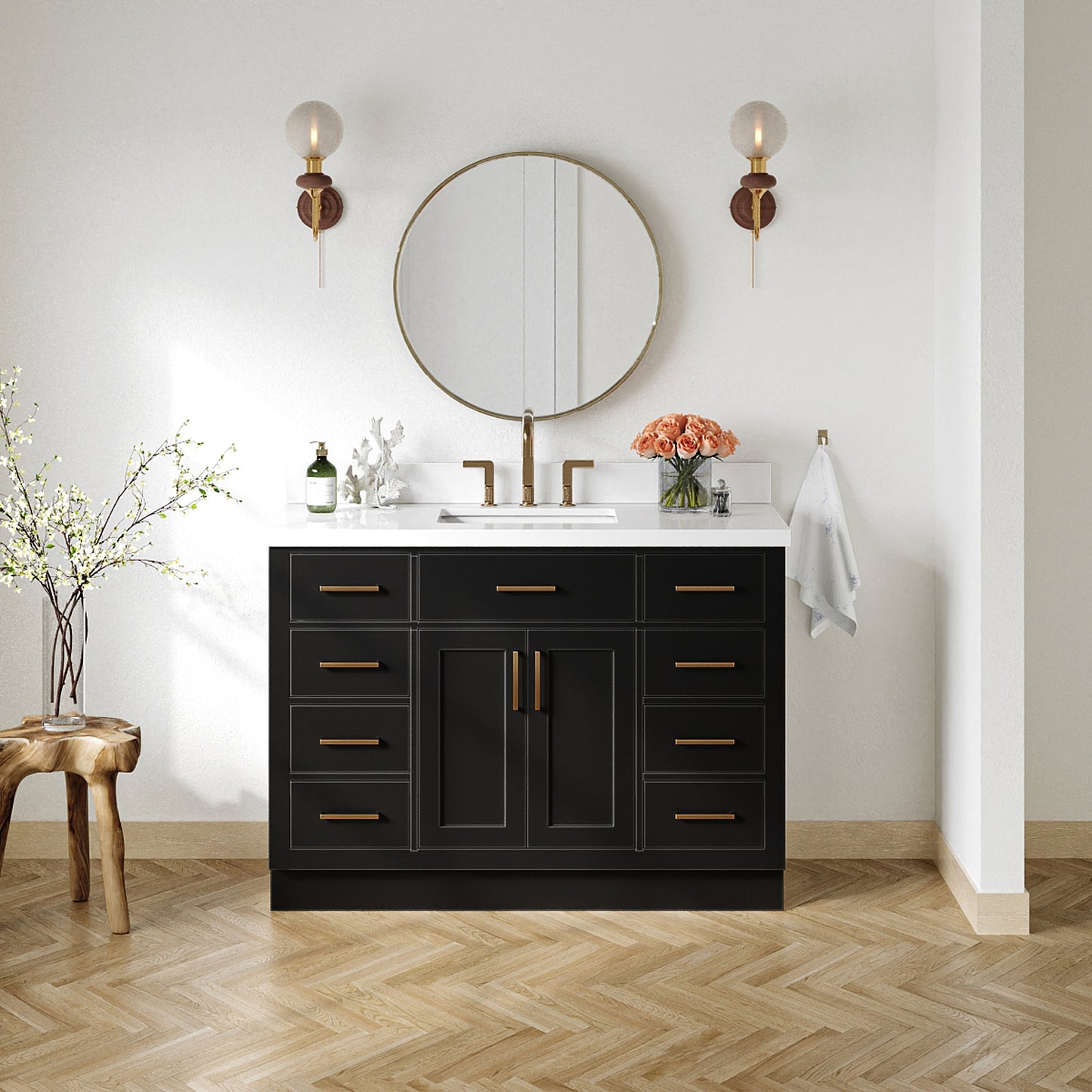 Isabella 48-Inch Black bathroom vanity in styled bathroom setting