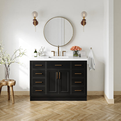 Isabella 48-Inch Black bathroom vanity in styled bathroom setting