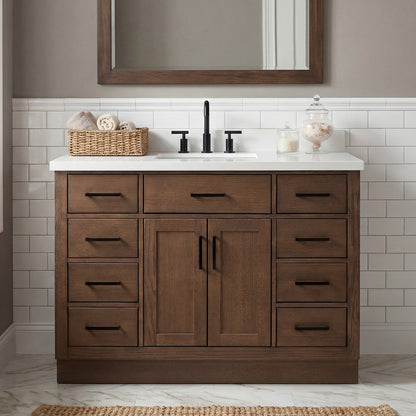 Isabella 48-Inch Brown Oak bathroom vanity in styled bathroom setting