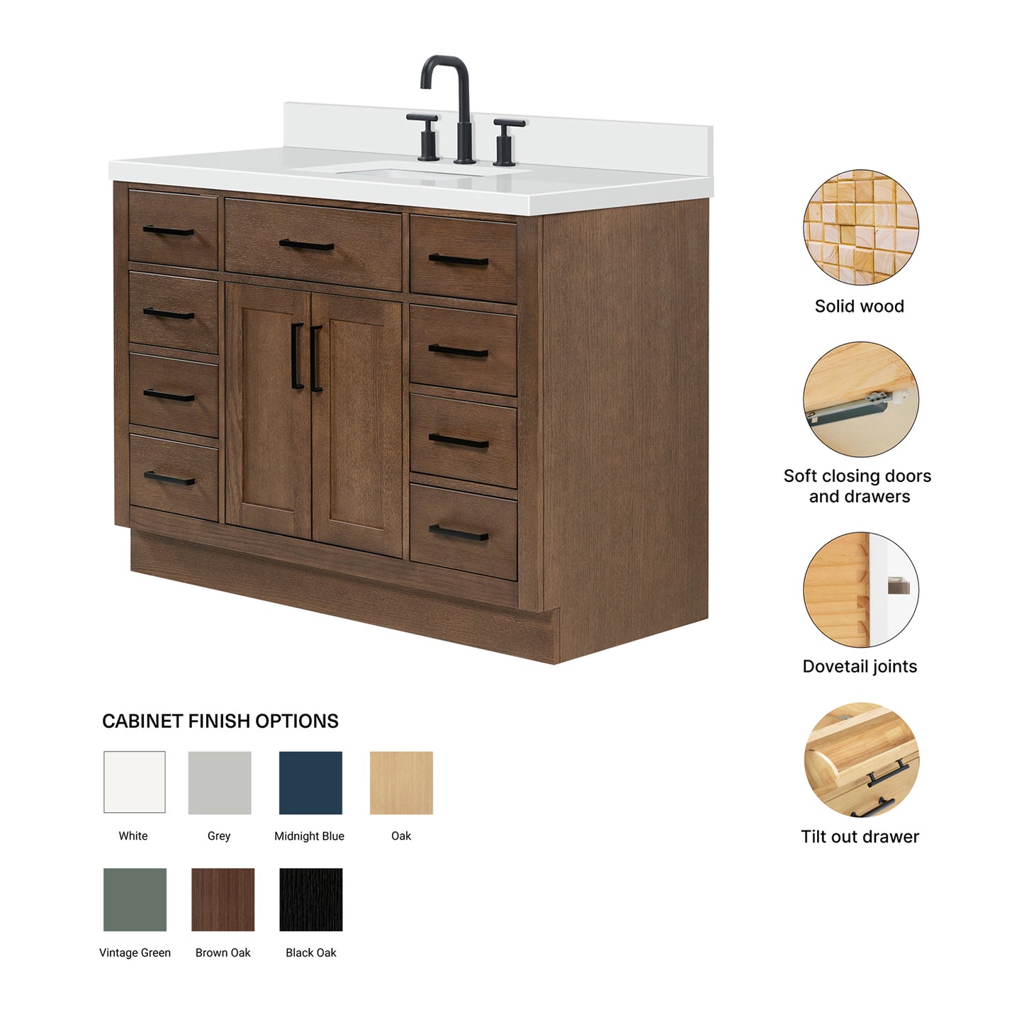 Isabella 48-Inch Brown Oak bathroom vanity – feature highlights: solid wood frame, soft-close doors and drawers, Sherwin-Williams paint finish