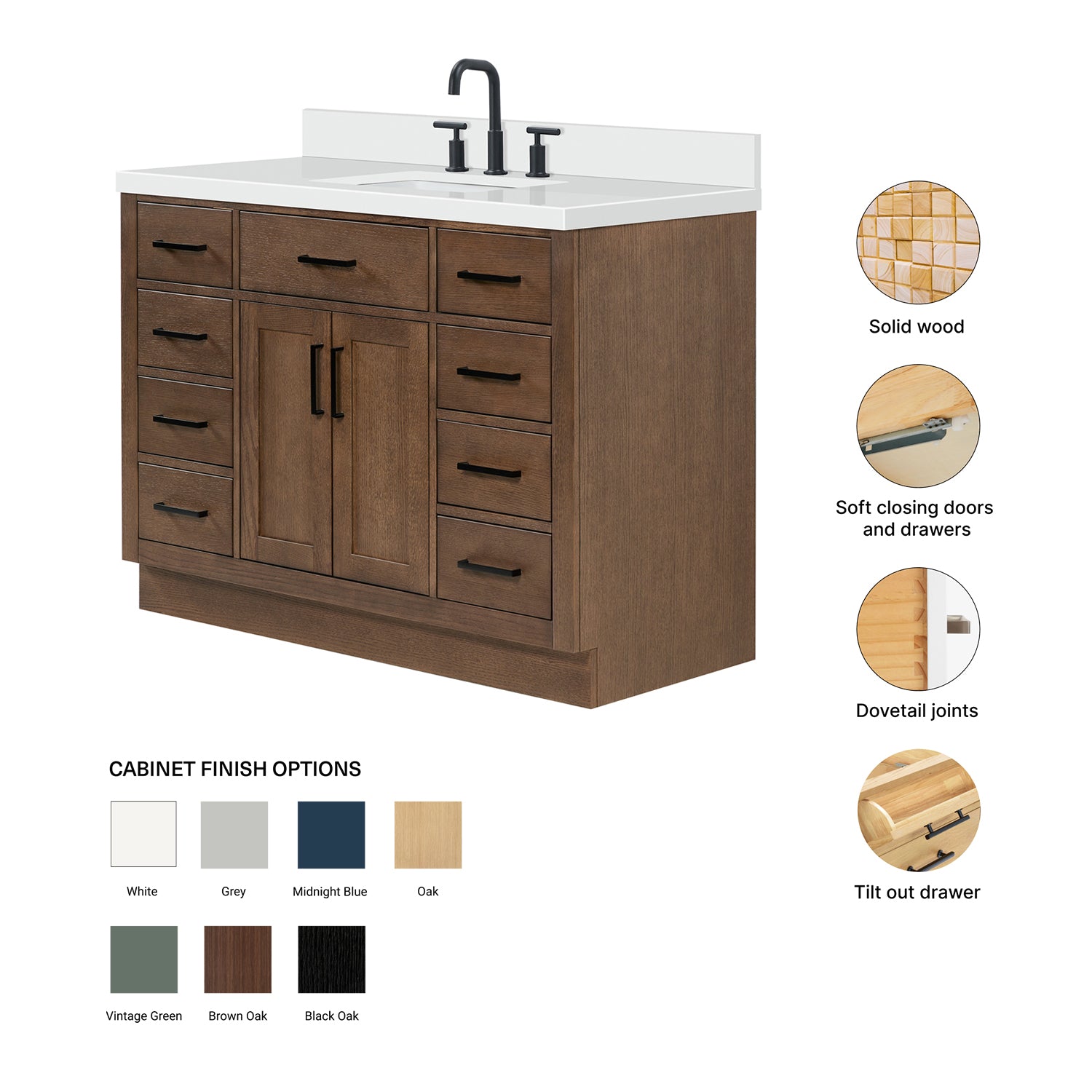 Isabella 48-Inch Brown Oak bathroom vanity – feature highlights: solid wood frame, soft-close doors and drawers, Sherwin-Williams paint finish