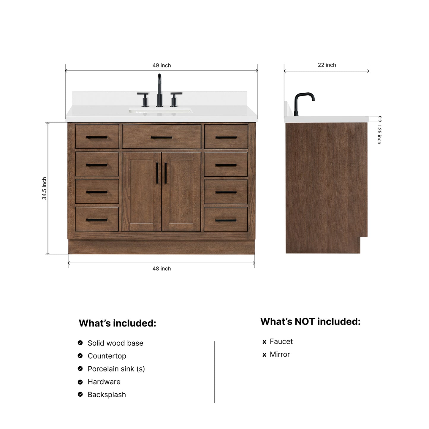 Isabella 48-Inch Brown Oak bathroom vanity dimensions