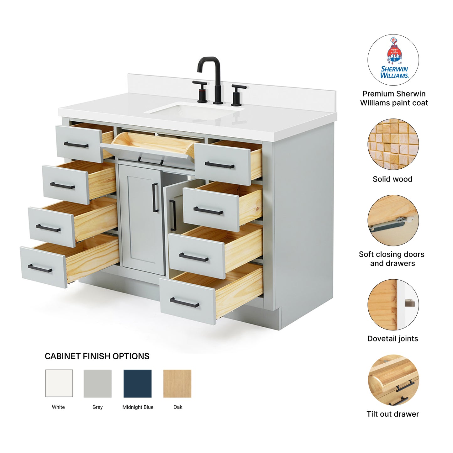 Isabella 48-Inch Grey bathroom vanity – feature highlights: solid wood frame, soft-close doors and drawers, Sherwin-Williams paint finish