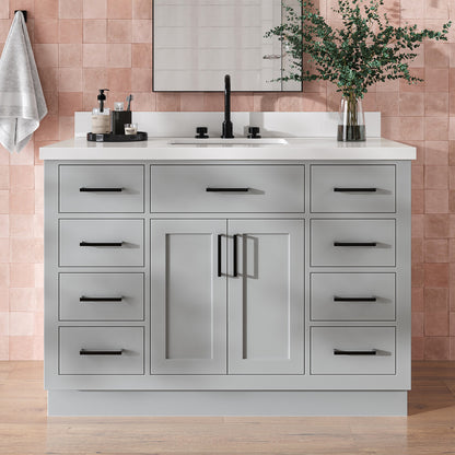 Isabella 48-Inch Grey bathroom vanity in styled bathroom setting