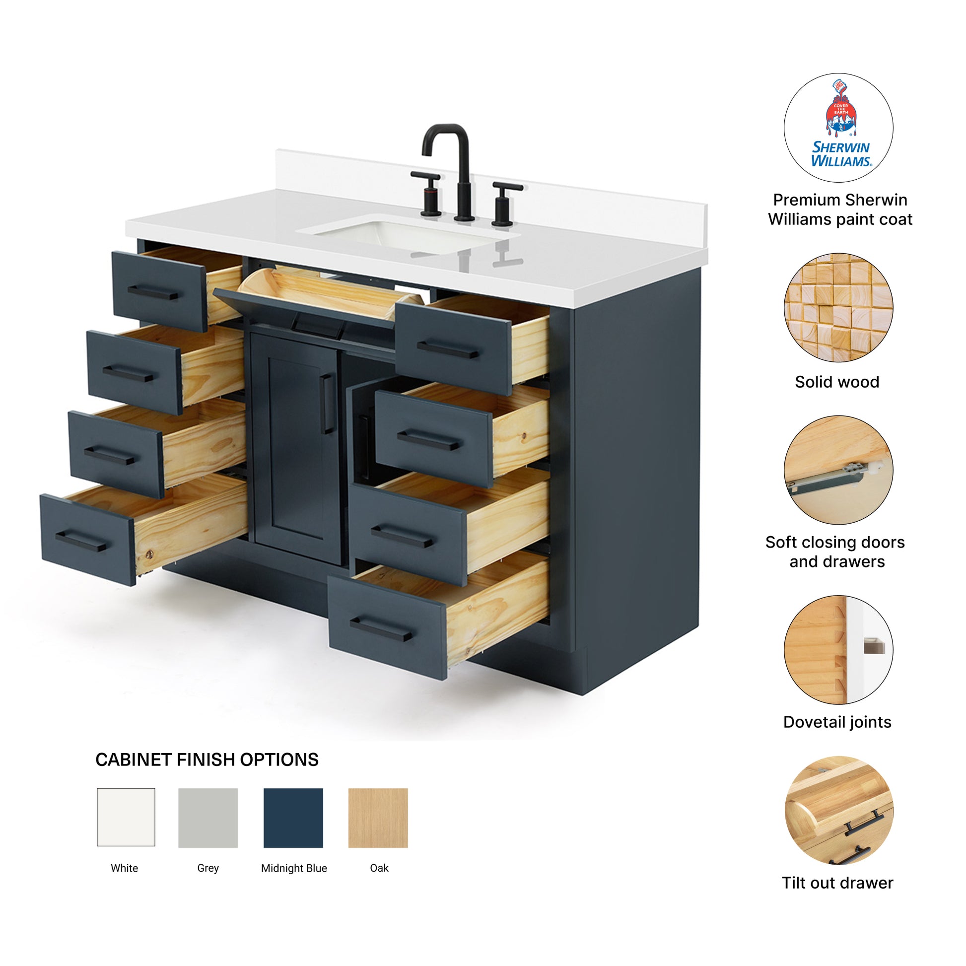 Isabella 48-Inch Midnight Blue bathroom vanity – feature highlights: solid wood frame, soft-close doors and drawers, Sherwin-Williams paint finish