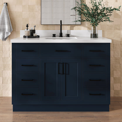 Isabella 48-Inch Midnight Blue bathroom vanity in styled bathroom setting