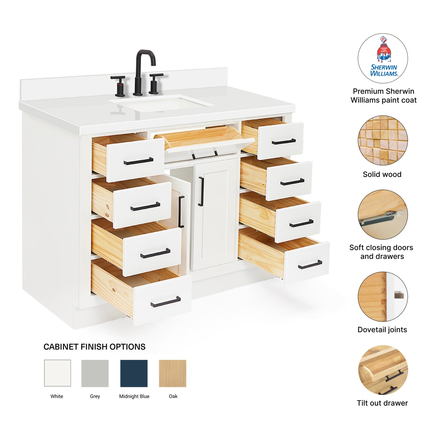 Isabella 48-Inch White bathroom vanity – feature highlights: solid wood frame, soft-close doors and drawers, Sherwin-Williams paint finish