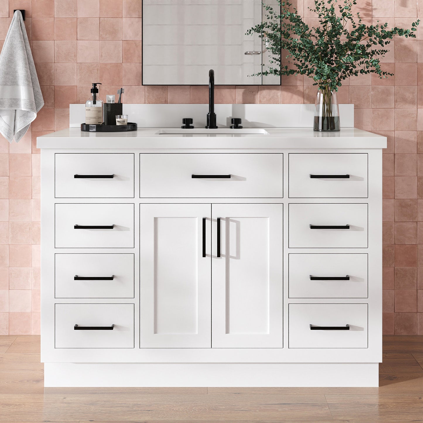 Isabella 48-Inch White bathroom vanity in styled bathroom setting