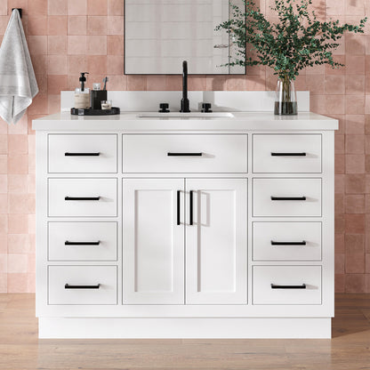 Isabella 48-Inch White bathroom vanity in styled bathroom setting