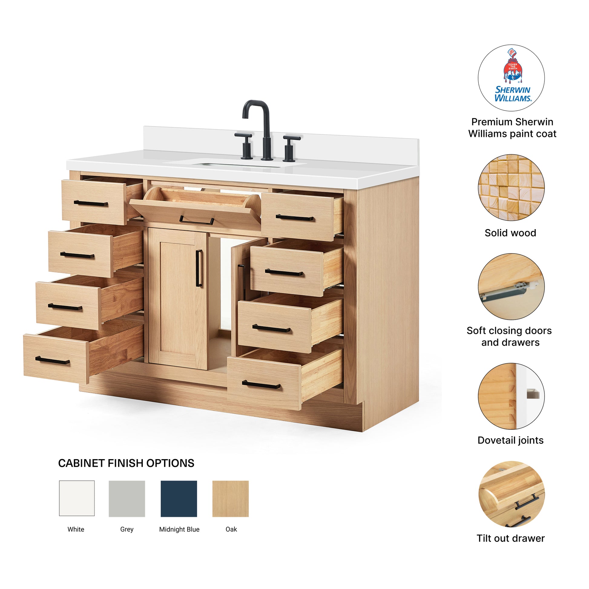 Isabella 48-Inch White Oak bathroom vanity – feature highlights: solid wood frame, soft-close doors and drawers, Sherwin-Williams paint finish