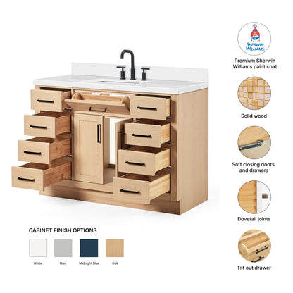 Isabella 48-Inch White Oak bathroom vanity – feature highlights: solid wood frame, soft-close doors and drawers, Sherwin-Williams paint finish