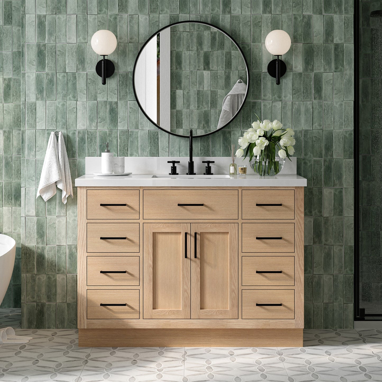 Isabella 48-Inch White Oak bathroom vanity in styled bathroom setting