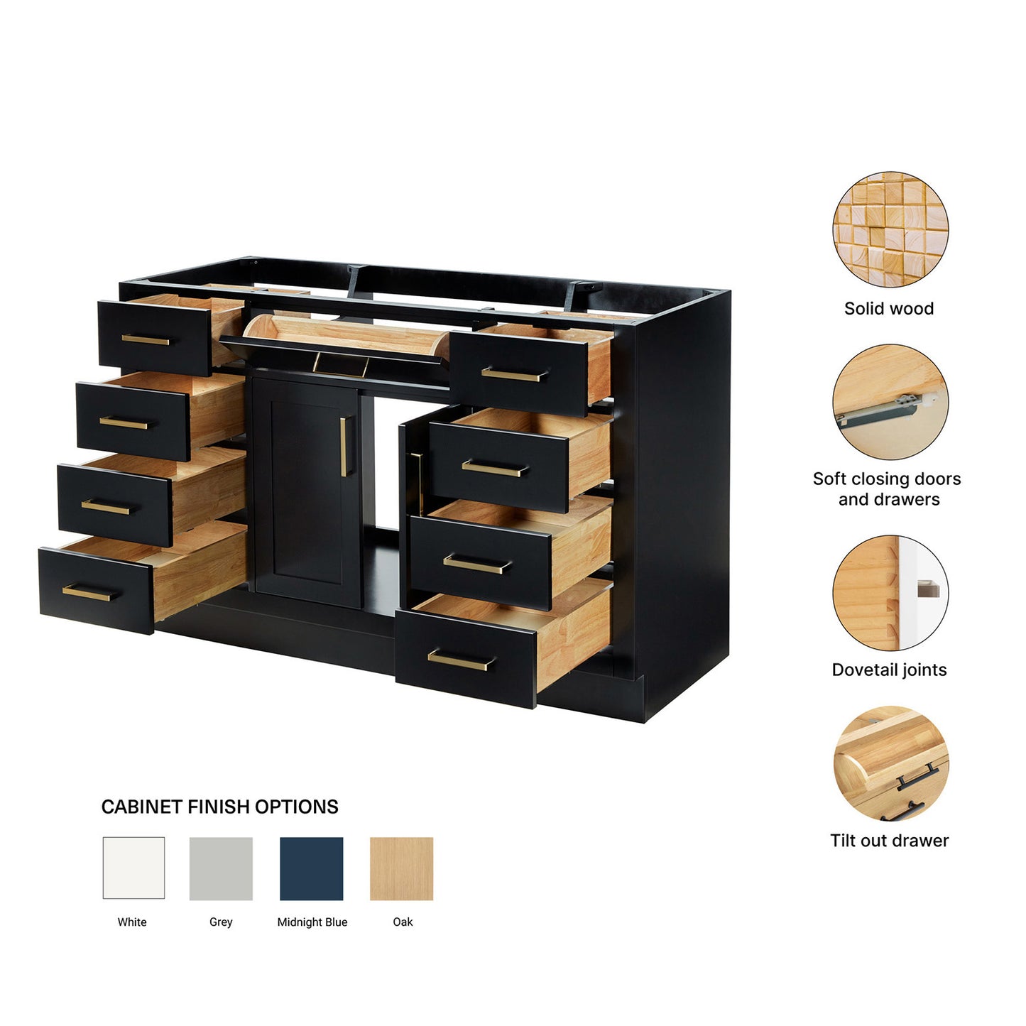 Isabella 54-inch Black base cabinet on feature highlights: solid wood frame, soft-close doors and drawers, Sherwin-Williams paint finish
