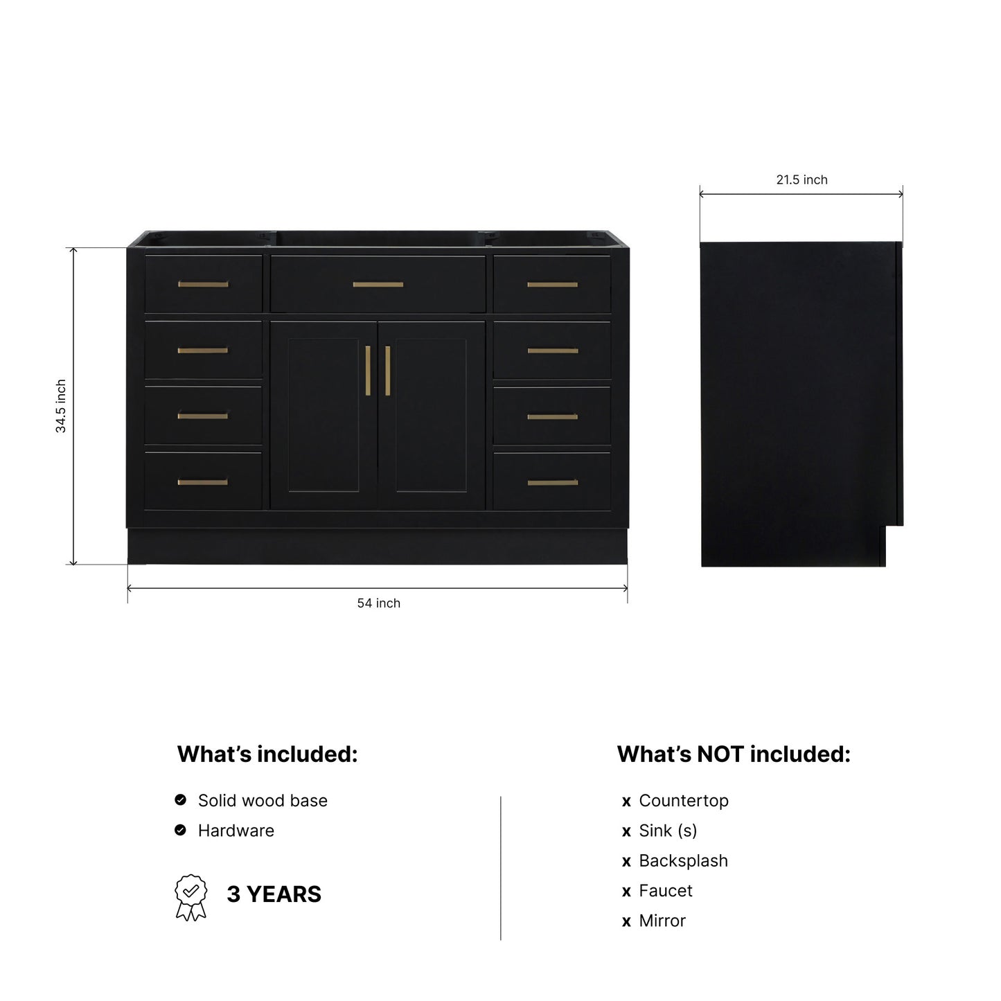 Isabella 54-inch Black base cabinet on dimensions