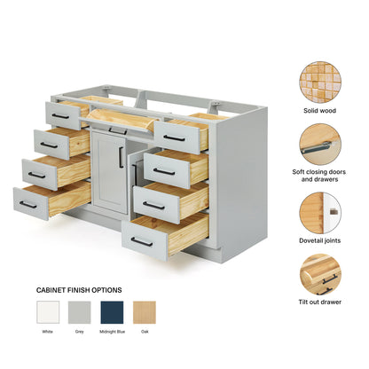 Isabella 54-inch Grey base cabinet on feature highlights: solid wood frame, soft-close doors and drawers, Sherwin-Williams paint finish