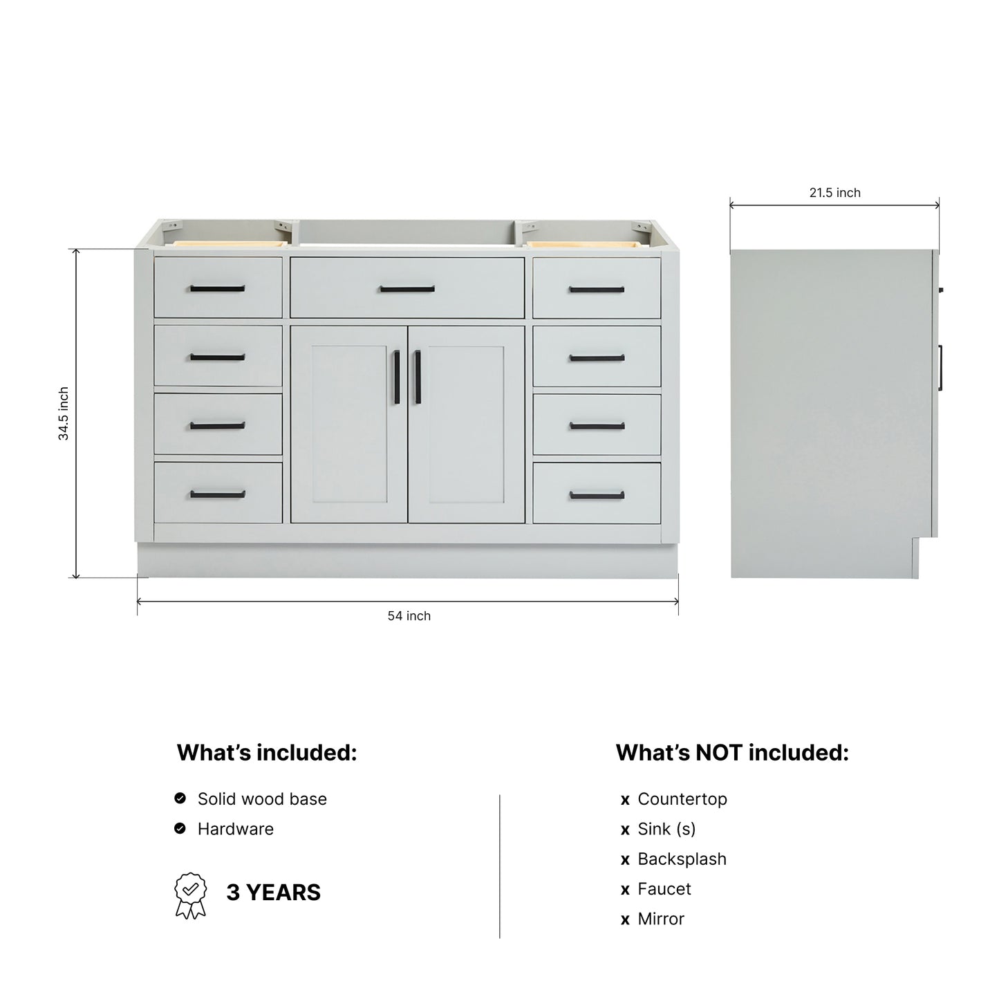 Isabella 54-inch Grey base cabinet on dimensions