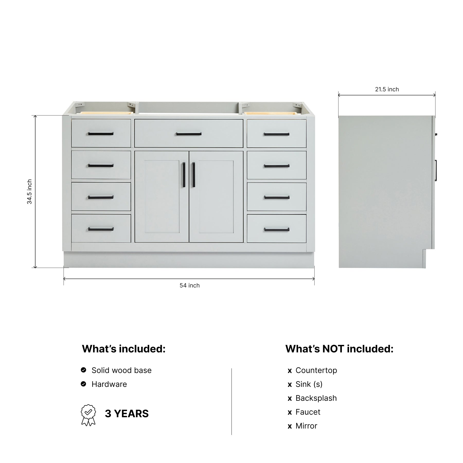 Isabella 54-inch Grey base cabinet on dimensions