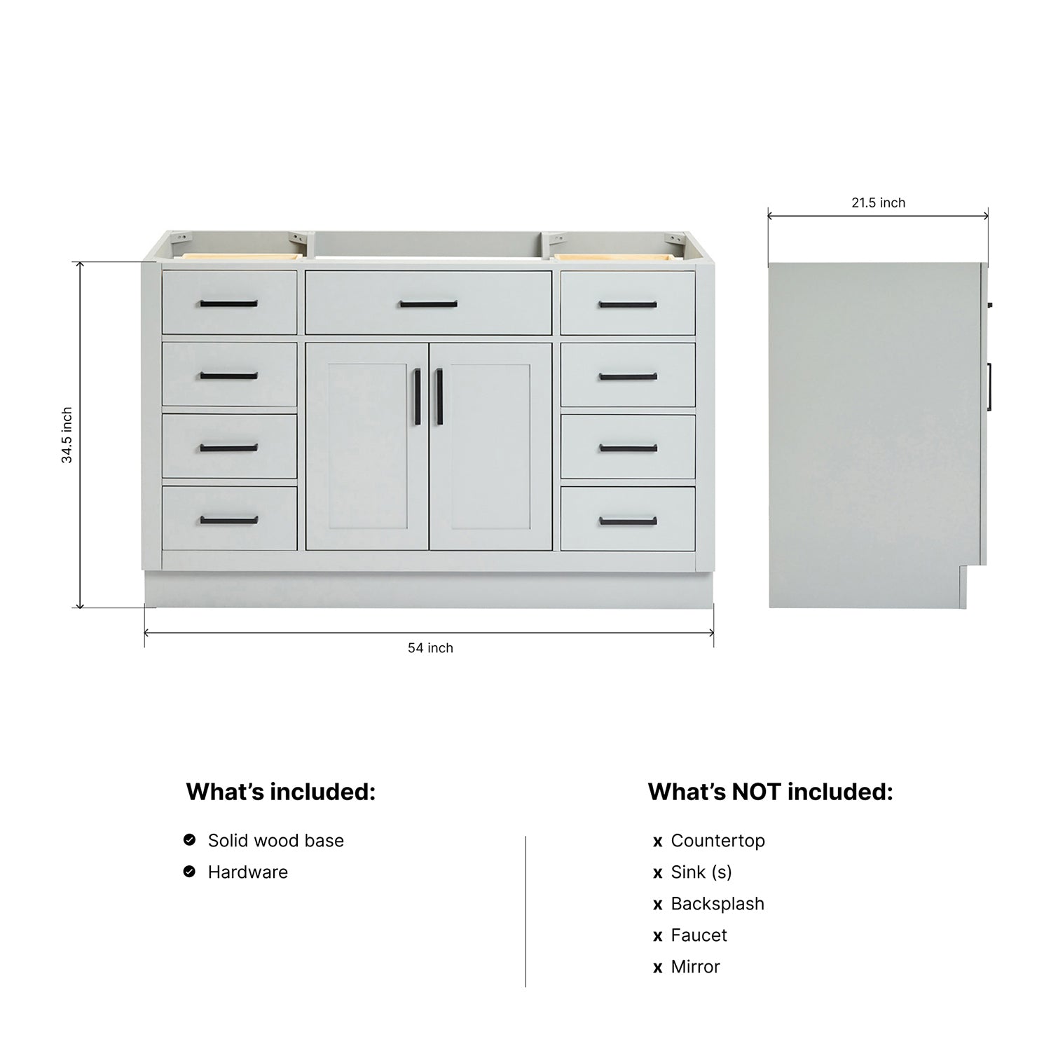 Isabella 54-inch Grey base cabinet on dimensions