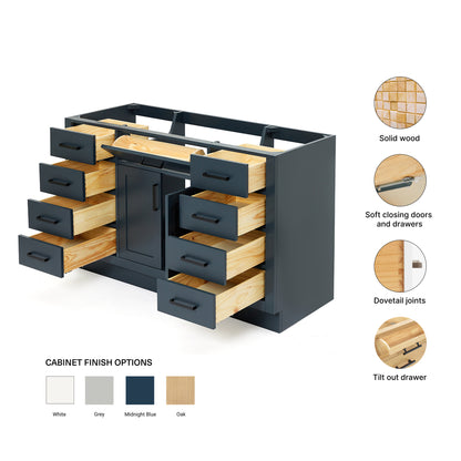 Isabella 54-inch Midnight Blue base cabinet on feature highlights: solid wood frame, soft-close doors and drawers, Sherwin-Williams paint finish