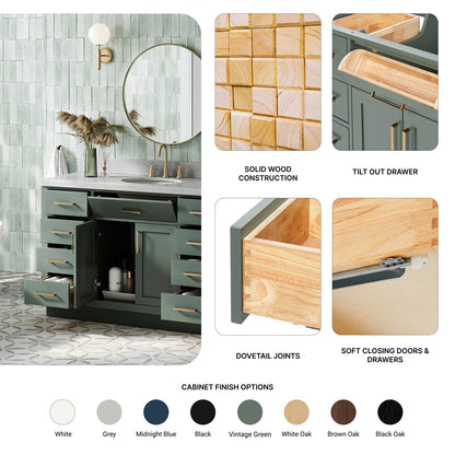 Isabella 54-inch Vintage Green base cabinet on feature highlights: solid wood frame, soft-close doors and drawers, Sherwin-Williams paint finish