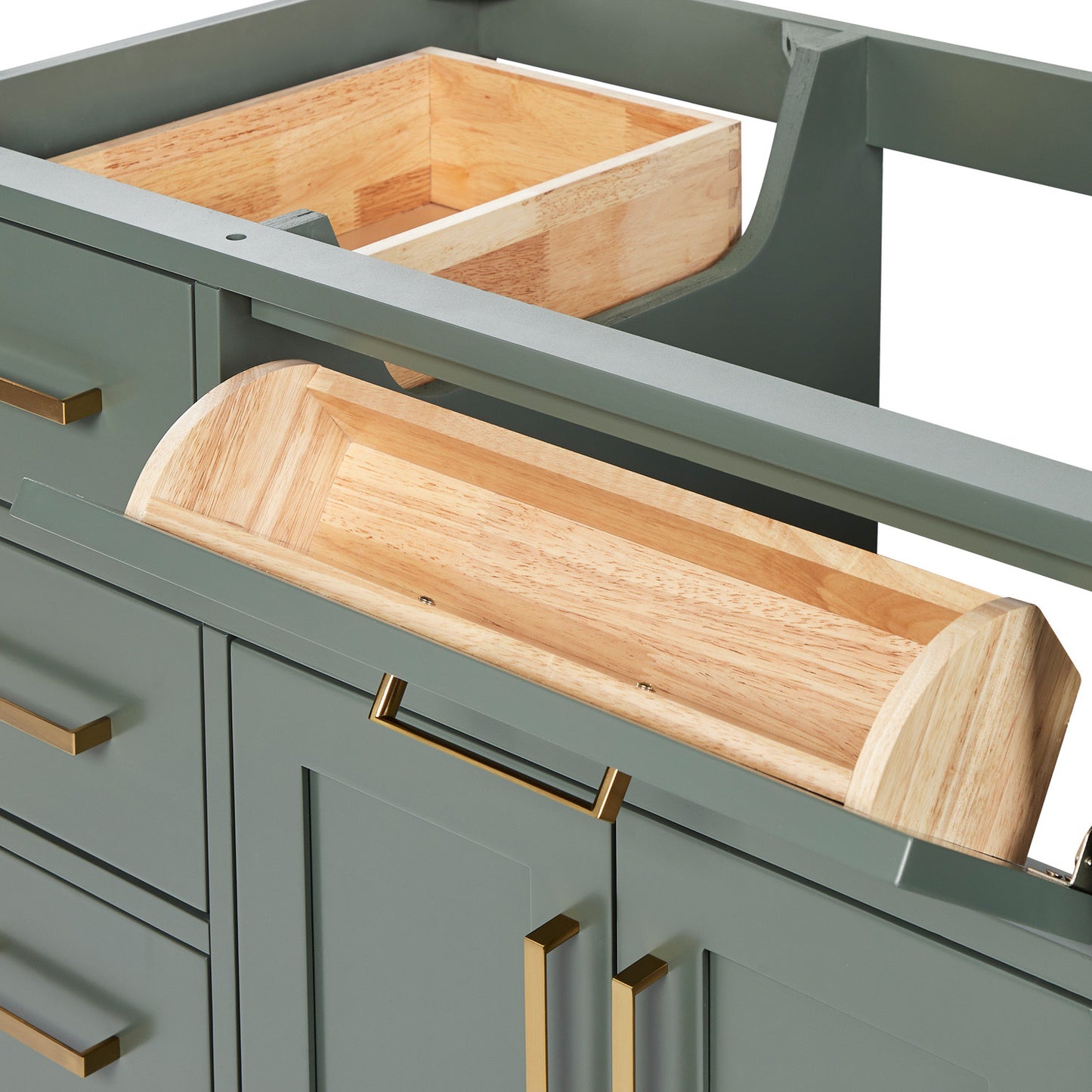 Isabella 54-inch Vintage Green base cabinet on white back ground side view open door