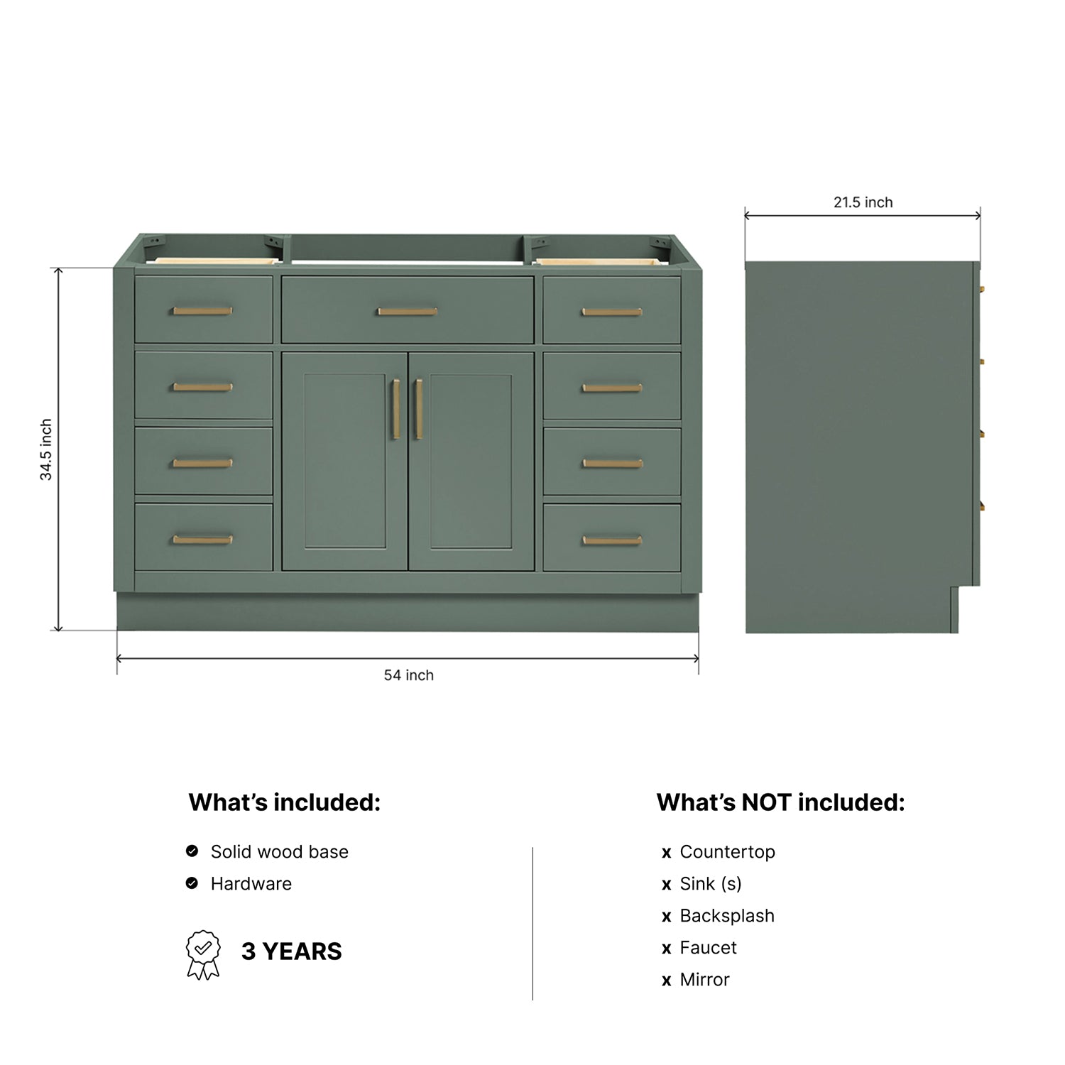 Isabella 54-inch Vintage Green base cabinet on dimensions
