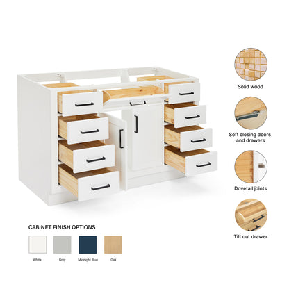 Isabella 54-inch White base cabinet on feature highlights: solid wood frame, soft-close doors and drawers, Sherwin-Williams paint finish