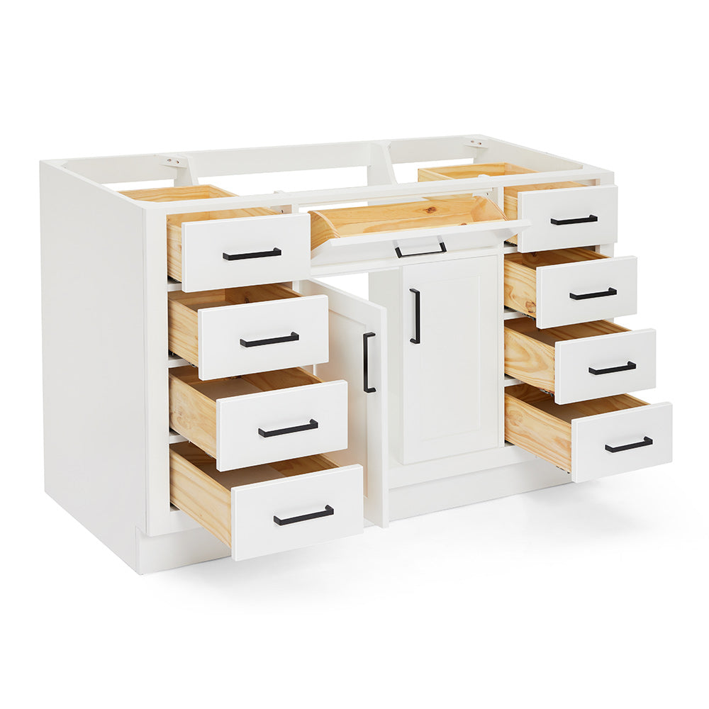 Isabella 54-inch White base cabinet on white back ground side view open door