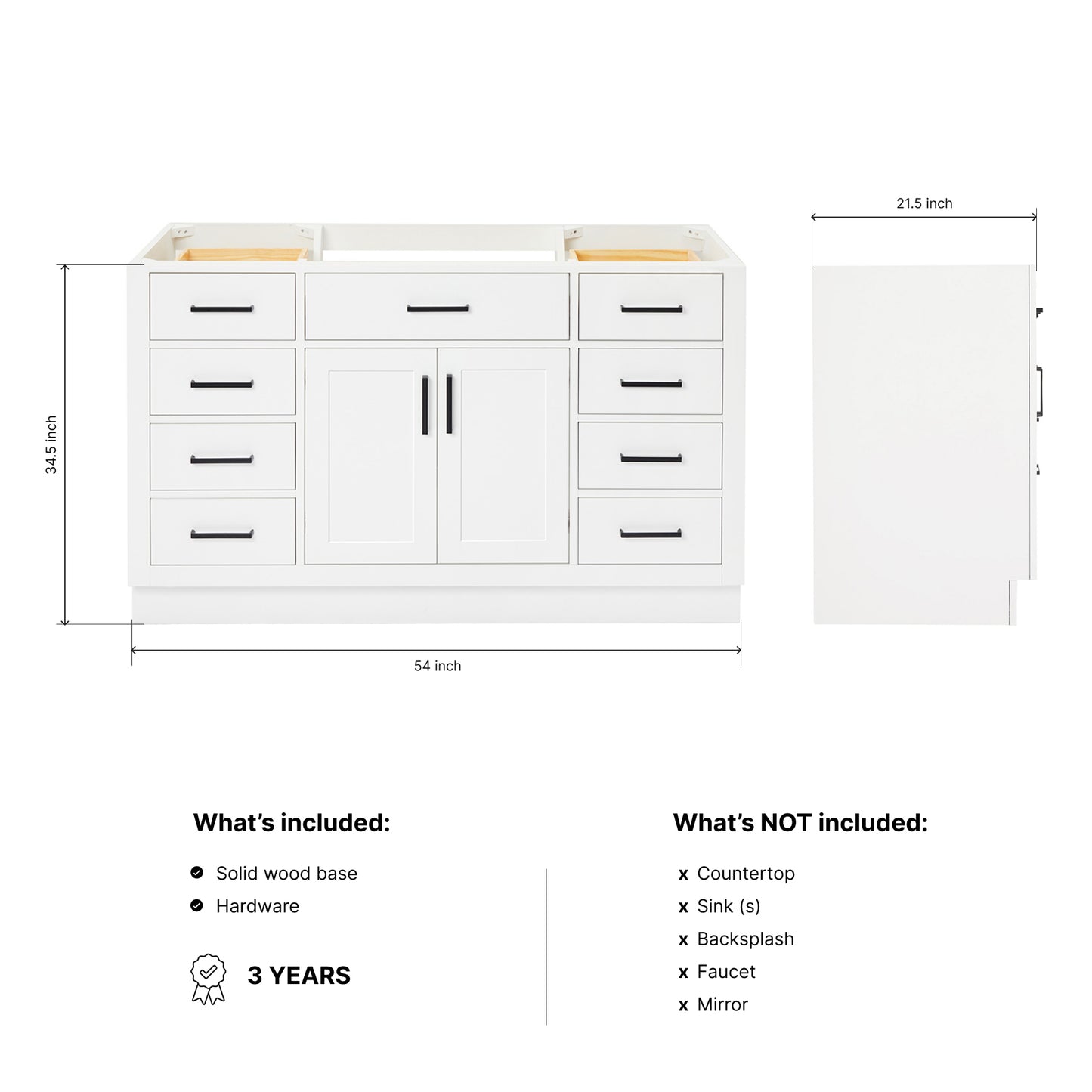 Isabella 54-inch White base cabinet on dimensions