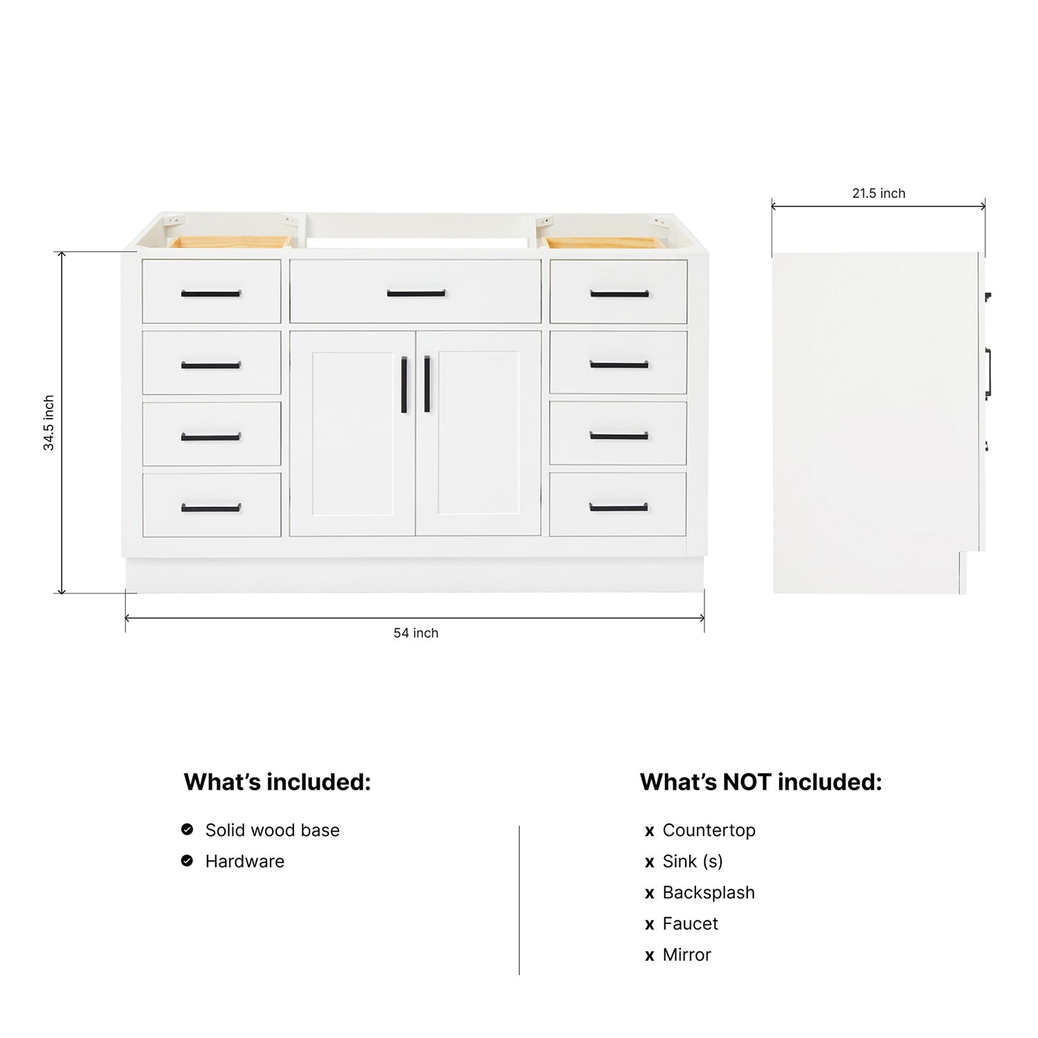 Isabella 54-inch White base cabinet on dimensions