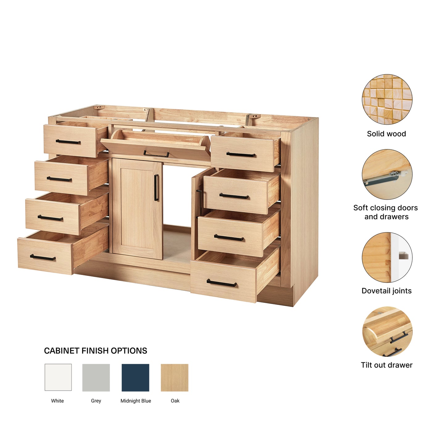 Isabella 54-inch Natural Oak base cabinet on feature highlights: solid wood frame, soft-close doors and drawers, Sherwin-Williams paint finish