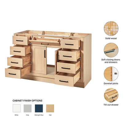 Isabella 54-inch Natural Oak base cabinet on feature highlights: solid wood frame, soft-close doors and drawers, Sherwin-Williams paint finish