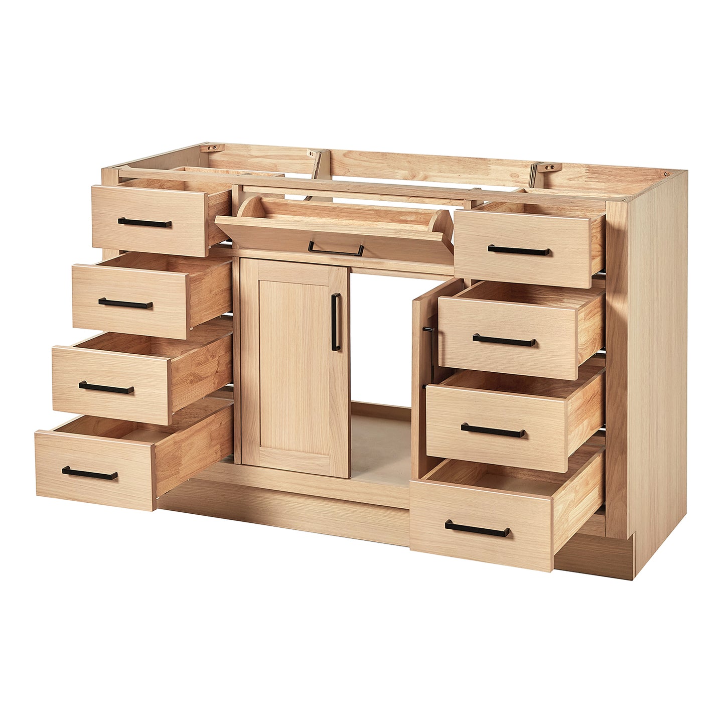 Isabella 54-inch Natural Oak base cabinet on white back ground side view open door