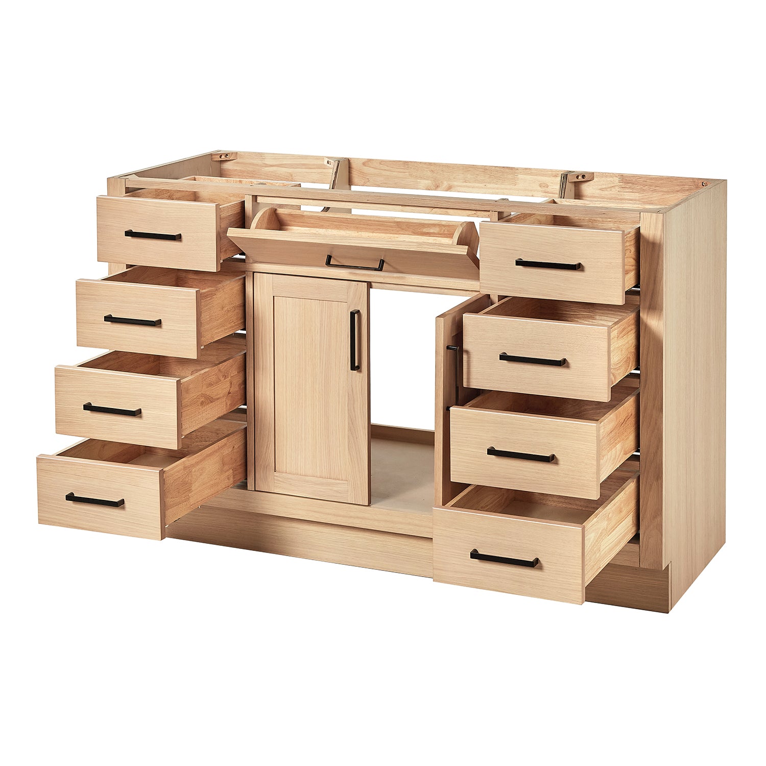 Isabella 54-inch Natural Oak base cabinet on white back ground side view open door