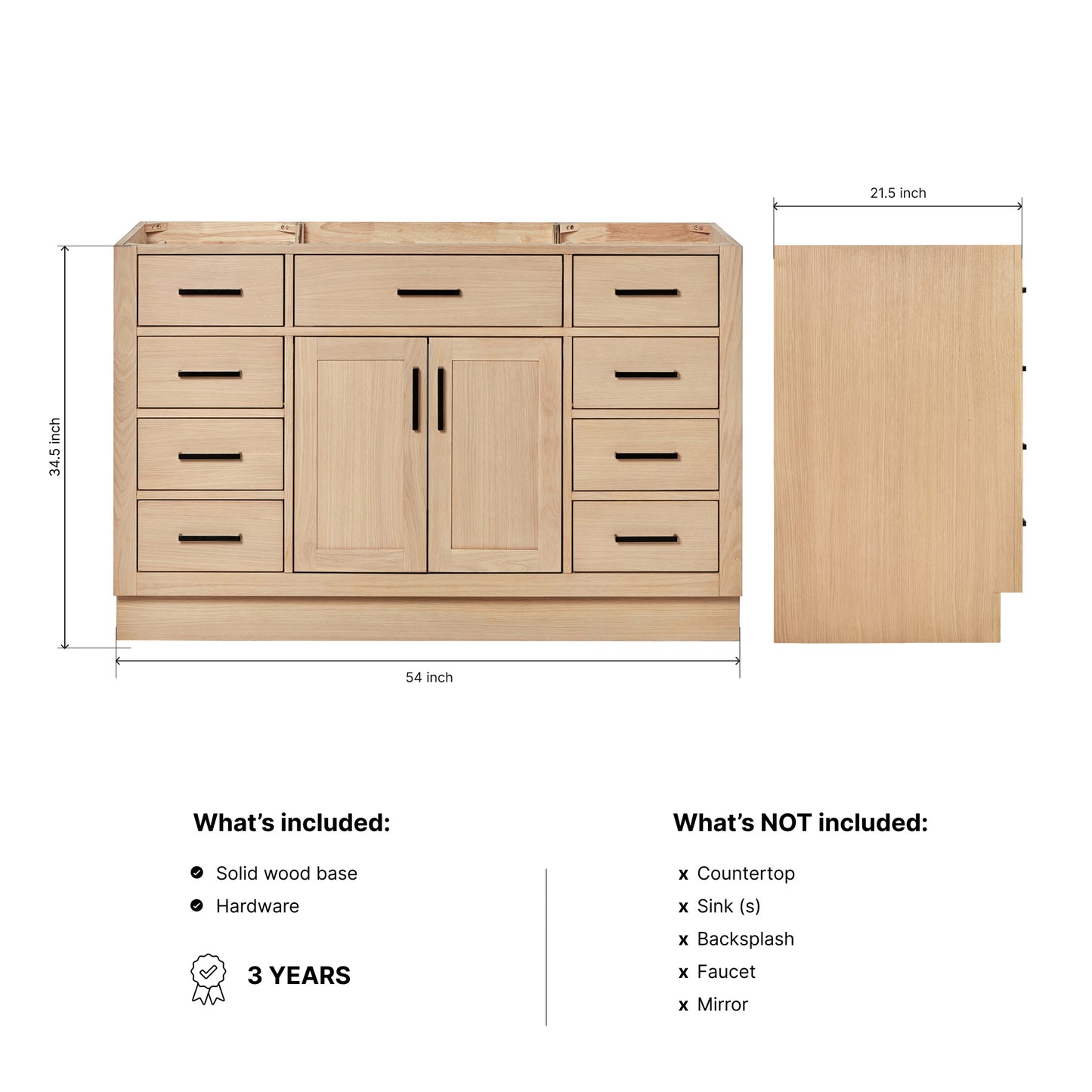 Isabella 54-inch Natural Oak base cabinet on dimensions