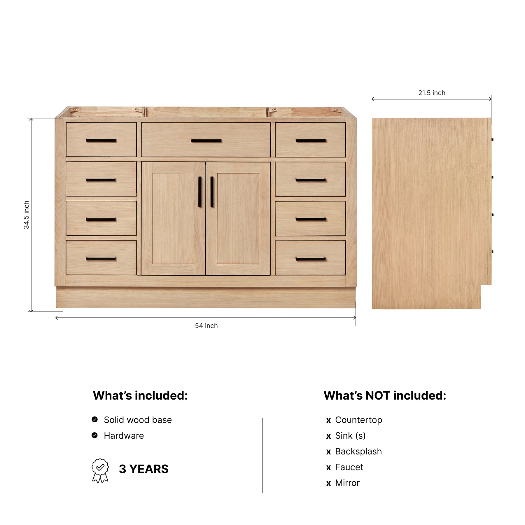 Isabella 54-inch Natural Oak base cabinet on dimensions